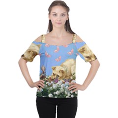 Cat And Butterflies Cutout Shoulder Tee