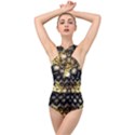 Black zig zag blurred on gold crush flowers by FlipStylez Designs Cross Front Low Back Swimsuit View1