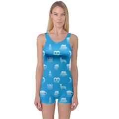 Oktoberfest Bavarian October Beer Festival Motifs In Bavarian Blue One Piece Boyleg Swimsuit by PodArtist