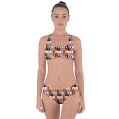 Witches, Monsters And Ghosts Halloween Orange And Black Patchwork Quilt Squares Criss Cross Bikini Set