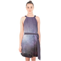 Orion Nebula Pastel Violet Purple Turquoise Blue Star Formation Halter Collar Waist Tie Chiffon Dress by genx