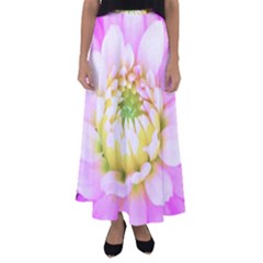 Pretty Pink, White And Yellow Cactus Dahlia Macro Flared Maxi Skirt