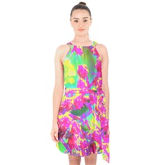 Psychedelic Succulent Sedum Turquoise And Yellow Halter Collar Waist Tie Chiffon Dress by myrubiogarden