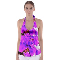 Abstract Ultra Violet Purple Iris On Red And Pink Babydoll Tankini Top by myrubiogarden