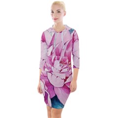 Art Painting Flowers Peonies Pink Quarter Sleeve Hood Bodycon Dress