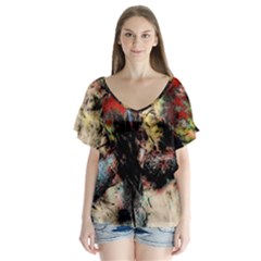 Ara Bird Parrot Animal Art V-neck Flutter Sleeve Top by Wegoenart