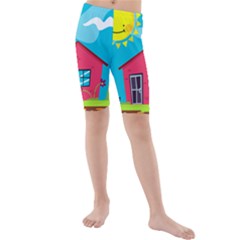 Kawaii Caricature Sun Nature City Kids  Mid Length Swim Shorts