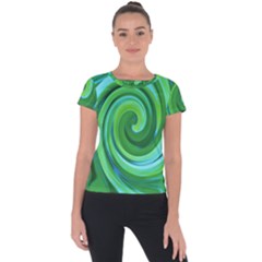 Groovy Abstract Turquoise Liquid Swirl Painting Short Sleeve Sports Top  by myrubiogarden