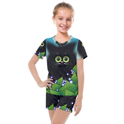 Kitten Black Furry Illustration Kids  Mesh Tee And Shorts Set by Pakrebo