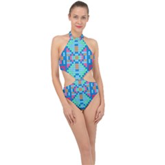 Checkerboard Squares Abstract Halter Side Cut Swimsuit by Pakrebo