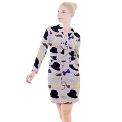 Moustache Hat Bowler Bowler Hat Button Long Sleeve Dress by Pakrebo