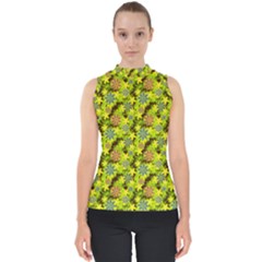 Flowers Yellow Red Blue Seamless Mock Neck Shell Top by Pakrebo