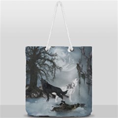 Awesome Black And White Wolf In The Dark Night Full Print Rope Handle Tote (large) by FantasyWorld7