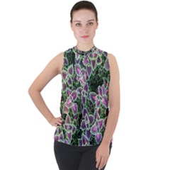 Ivy Lace Flower Flora Garden Mock Neck Chiffon Sleeveless Top by Pakrebo