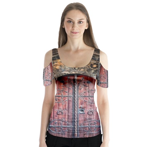 Steampunk Gears Pipes Brass Door Butterfly Sleeve Cutout Tee  by Pakrebo