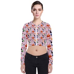 Halloween Treats Pattern Pink Long Sleeve Zip Up Bomber Jacket