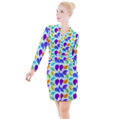Colorful Leaves Blue Button Long Sleeve Dress