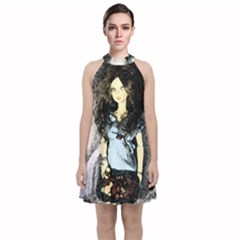 Chocolate Velvet Halter Neckline Dress 