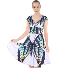 A Colorful Butterfly Cap Sleeve Front Wrap Midi Dress