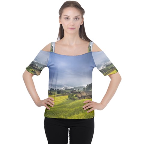 Vietnam Terraces Rice Silk Cutout Shoulder Tee by Sudhe