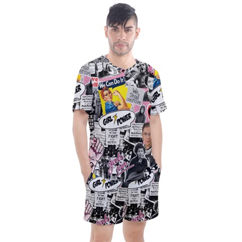 Feminism Collage  Men s Mesh Tee And Shorts Set by Valentinaart
