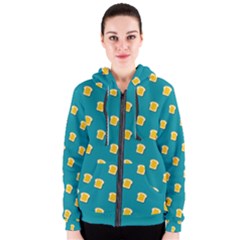 Toast With Cheese Funny Retro Pattern Turquoise Green Background Women s Zipper Hoodie by genx