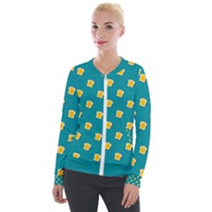 Toast With Cheese Funny Retro Pattern Turquoise Green Background Velour Zip Up Jacket by genx