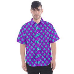 Turquoise Stars Pattern On Purple Men s Short Sleeve Shirt