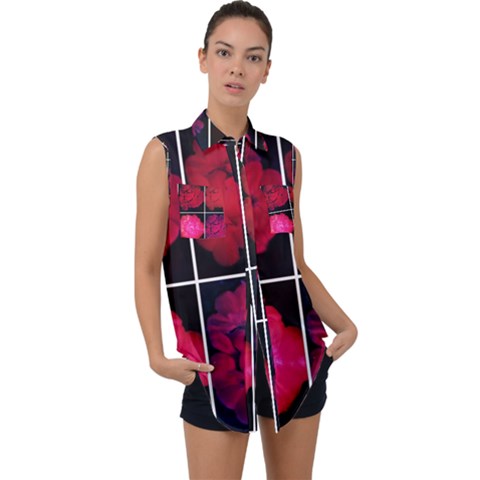 Geranium Collage Sleeveless Chiffon Button Shirt by okhismakingart