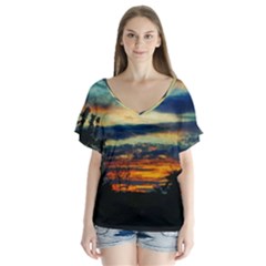 Blue Sunset V-neck Flutter Sleeve Top by okhismakingart
