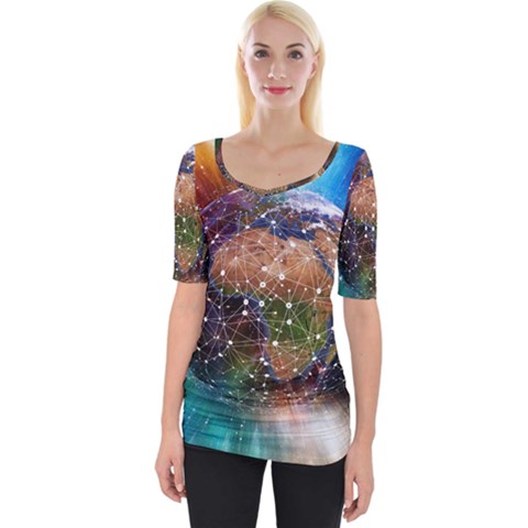 Network Earth Block Chain Globe Wide Neckline Tee by Pakrebo