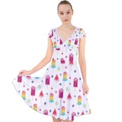 Popsicle Juice Watercolor With Fruit Berries And Cherries Summer Pattern Cap Sleeve Front Wrap Midi Dress