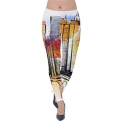 New York City Skyline Vector Illustration Velvet Leggings by Sudhe