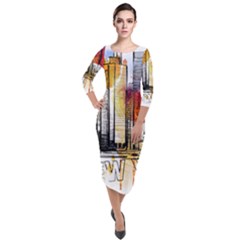 New York City Skyline Vector Illustration Quarter Sleeve Midi Velour Bodycon Dress by Sudhe