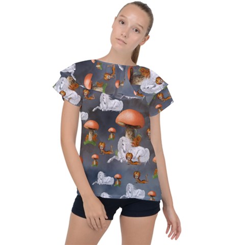 Cute Little Fairy With Unicorn, Pattern Design Ruffle Collar Chiffon Blouse by FantasyWorld7