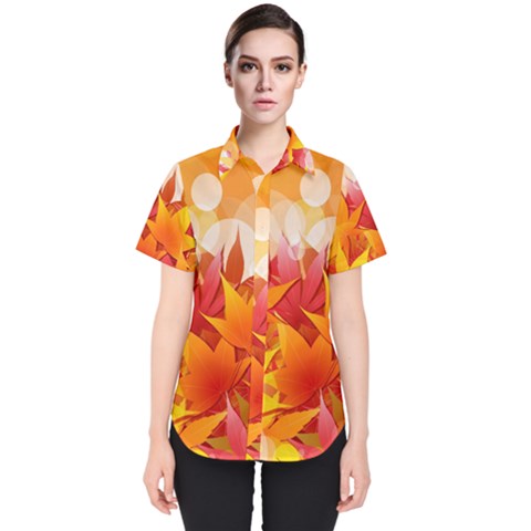 Autumn Background Maple Leaves Bokeh Women s Short Sleeve Shirt by Nexatart