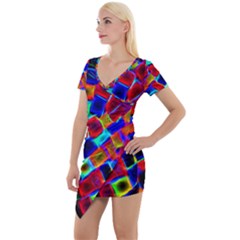 Neon Glow Glowing Light Design Short Sleeve Asymmetric Mini Dress by HermanTelo