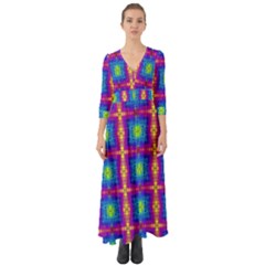 Groovy Blue Pink Yellow Square Pattern Button Up Boho Maxi Dress