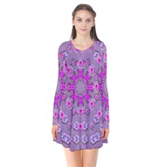 Beautiful Floral Wreaths And Flowers Around The Earth Long Sleeve V-neck Flare Dress by pepitasart