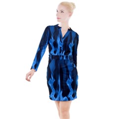 Smoke Flame Abstract Blue Button Long Sleeve Dress by Pakrebo