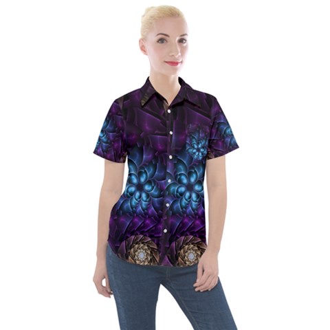 Geometry Fractal Colorful Geometric Women s Short Sleeve Pocket Shirt by Pakrebo