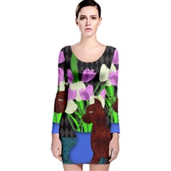 The Cat And The Tulips Long Sleeve Velvet Bodycon Dress by bloomingvinedesign