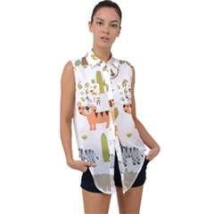 Cute Safari Animals Seamless Pattern Sleeveless Chiffon Button Shirt