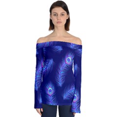 Seamless Pattern With Colorful Peacock Feathers Dark Blue Background Off Shoulder Long Sleeve Top by Vaneshart