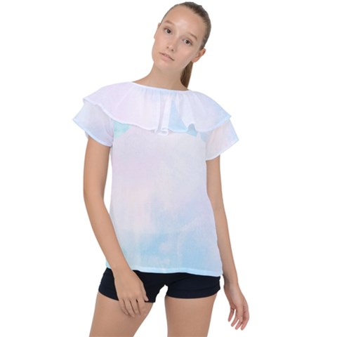 Pink Blue Blurry Pastel Watercolour Ombre Ruffle Collar Chiffon Blouse by Lullaby