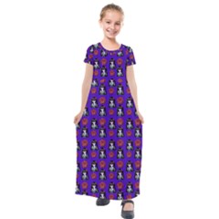 Girl Flower Pattern Royal Blue Kids  Short Sleeve Maxi Dress by snowwhitegirl