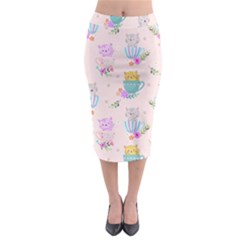 Cute Cat Coffee Cup Morning Times Seamless Pattern Midi Pencil Skirt