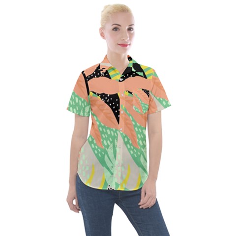 Abstract Seamless Pattern With Tropical Leaves Hand Draw Texture Vector Women s Short Sleeve Pocket Shirt by Vaneshart