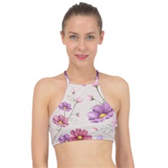 Vector Hand Drawn Cosmos Flower Pattern Racer Front Bikini Top by Sobalvarro