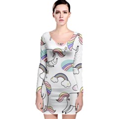 Cute Unicorns With Magical Elements Vector Long Sleeve Bodycon Dress by Sobalvarro